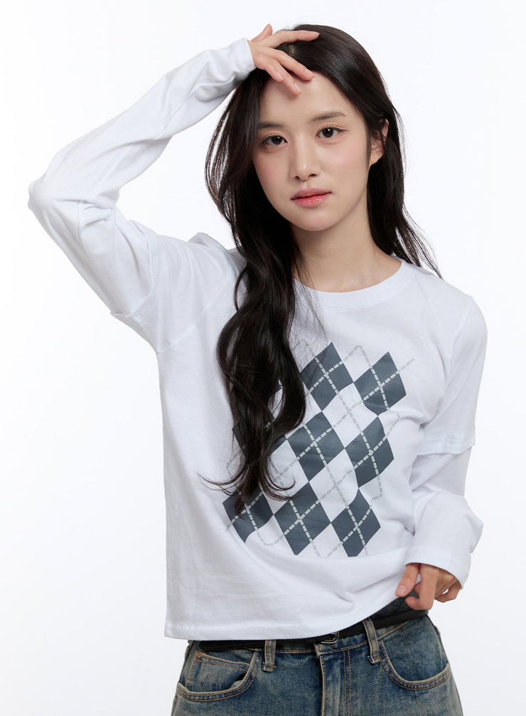 argyle-print-long-sleeve-top-on418 / White