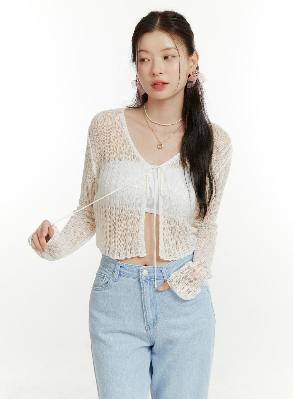 drawstring-v-neck-sheer-cardigan-ou419 / White