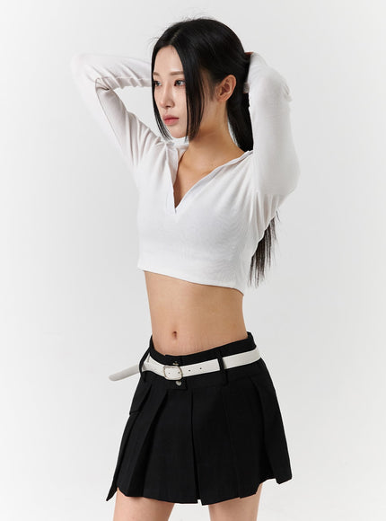 v-neck-collar-long-sleeve-crop-tee-cd322 / White