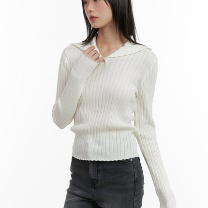 ribbed-collared-slim-top-cg426 / White