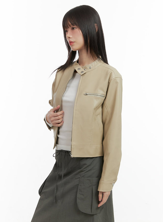 stand-collar-leather-biker-jacket-co410 / Beige