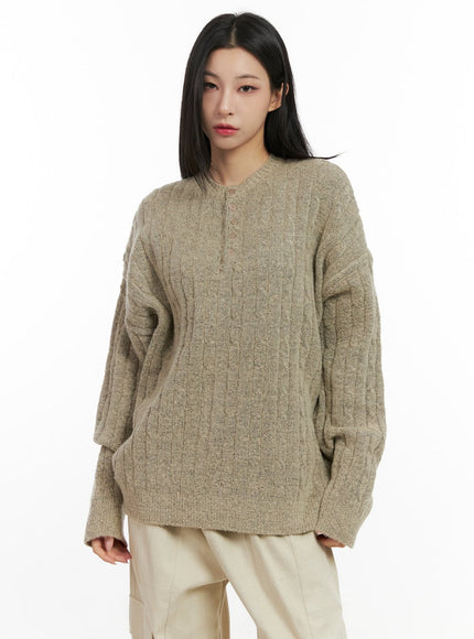 henley-neck-long-sleeve-sweater-cn416 / Beige