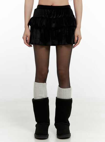 ruffled-velvet-mini-skirt-cn407 / Black