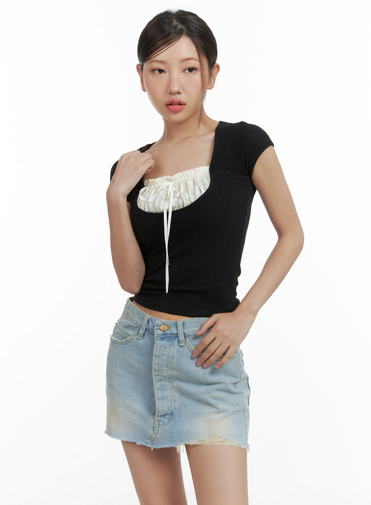 ribbon-shirred-crop-top-cl417 / Black