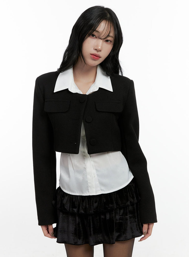 collarless-button-up-cropped-jacket-cn407 / Black