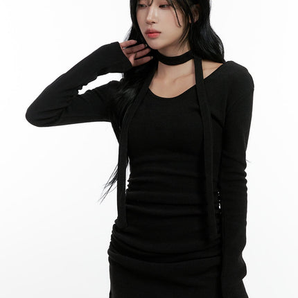 shirred-long-sleeve-mini-dress-cn411 / Black