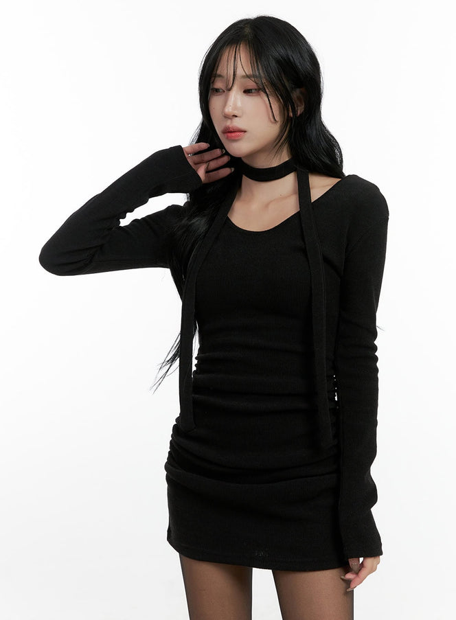 shirred-long-sleeve-mini-dress-cn411 / Black