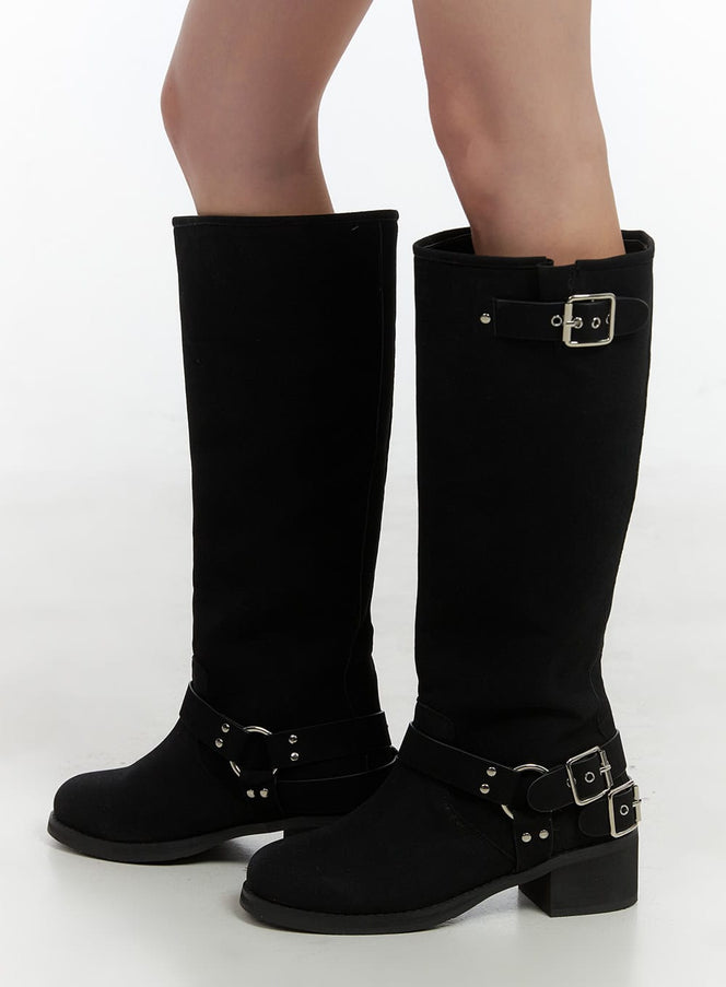 buckle-embellished-faux-leather-boots-co410 / Black