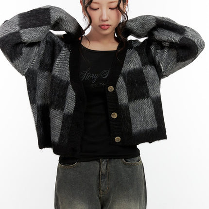 checkered-v-neck-sweater-cardigan-cn401 / Black