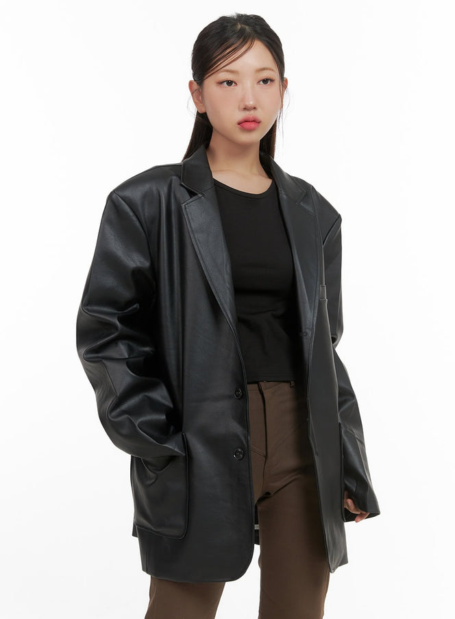 buttoned-oversized-leather-blazer-unisex-cs405 / Black