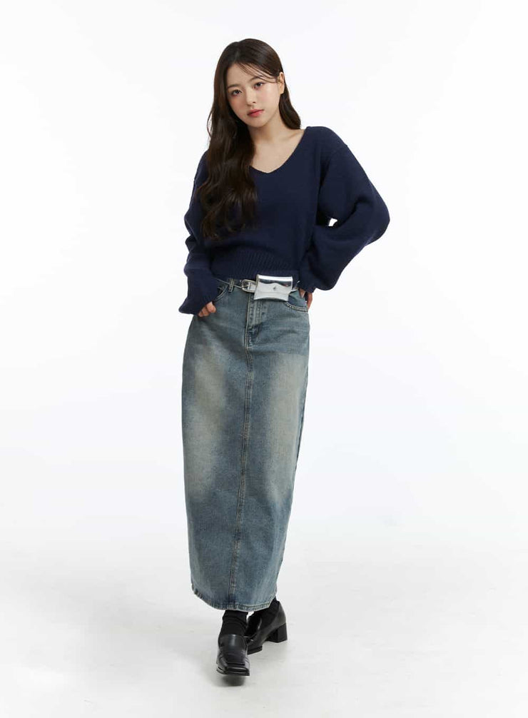 mid-waist-solid-button-washed-denim-maxi-skirt-oj411 / Blue