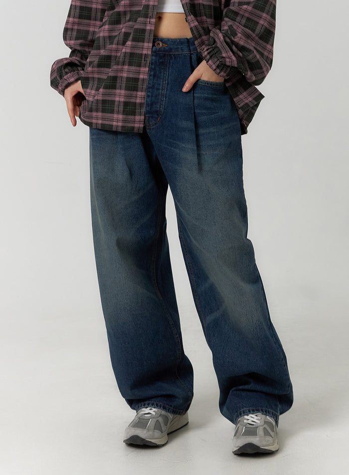 wide-leg-washed-denim-jeans-cf407 / Blue
