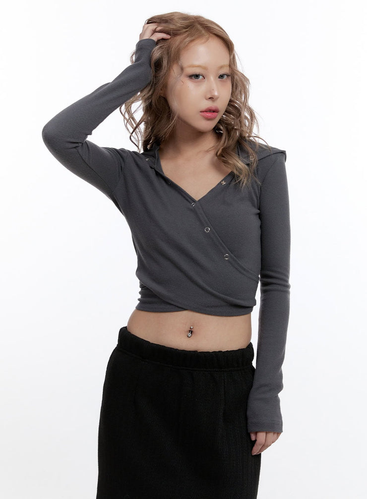 slim-fit-buttoned-hooded-crop-top-cn422 / Dark gray