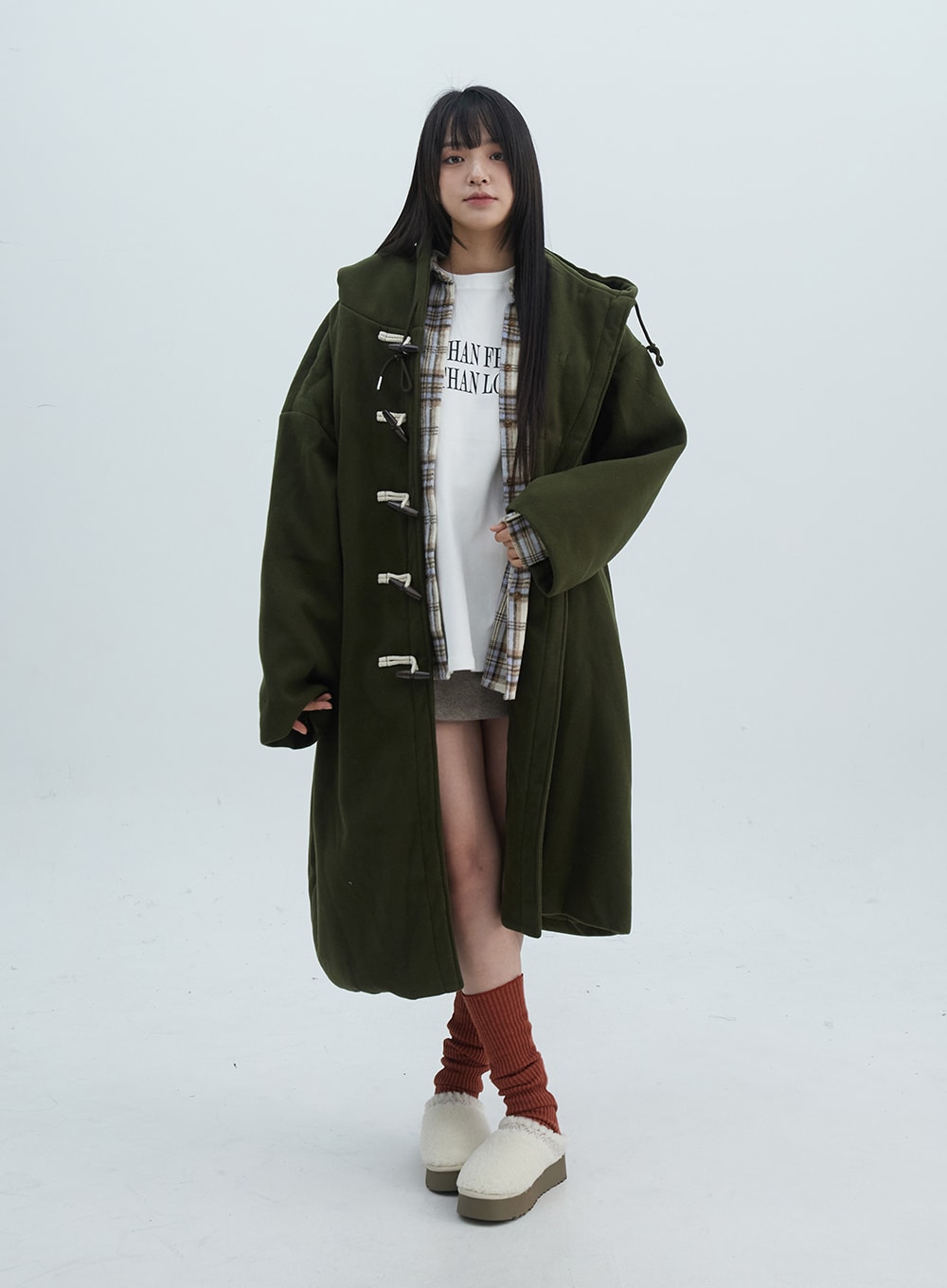 fleece-buttoned-hoodie-maxi-coat-on314 / Dark green