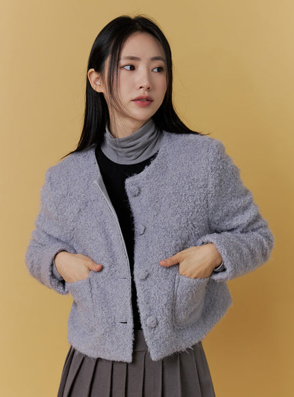 round-neck-plush-jacket-on306 / Gray