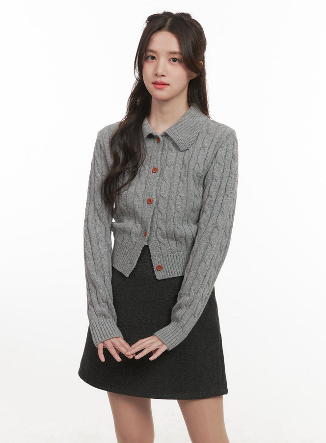 Cable-Knit Collared Buttoned Cardigan CJ514