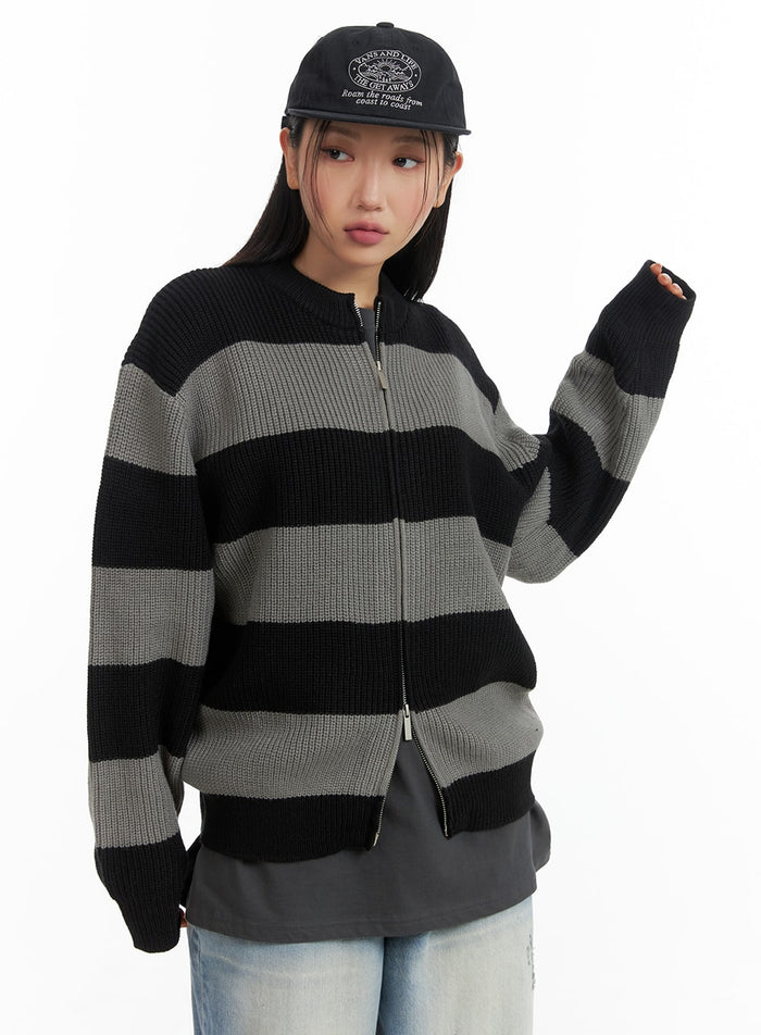 unisex-striped-two-way-zipper-cardigan-cm418 / Gray