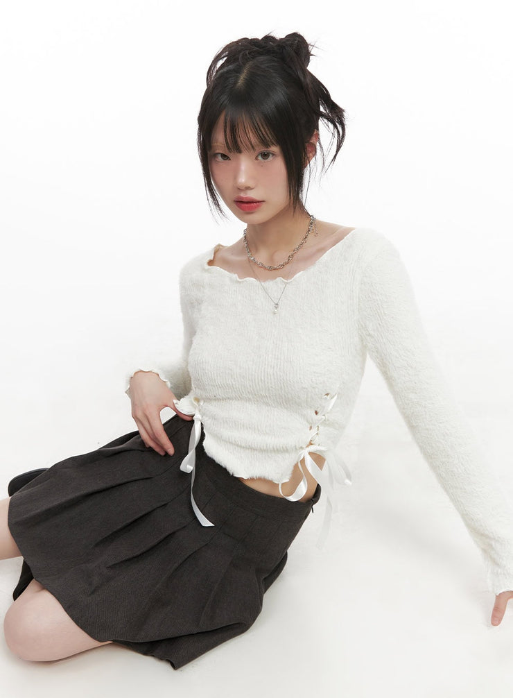 Ribbon Boat-Neck Long-Sleeve Crop Top CJ501