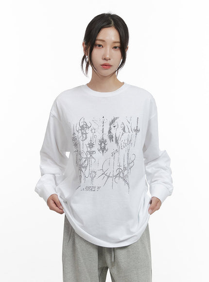 chic-graphic-print-cotton-long-sleeve-tee-co402 / White