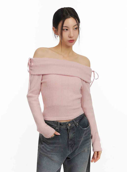 Off-Shoulder Slim-Fit Ribbon Sweater IJ503