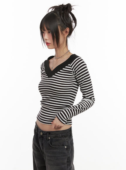 Striped V-Neck Cropped Sweater CJ506