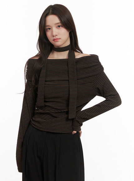 Striped Off-Shoulder Long-Sleeve Top IJ510