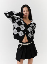 knit-fabric-collar-argyle-pattern-button-cardigan-cd322