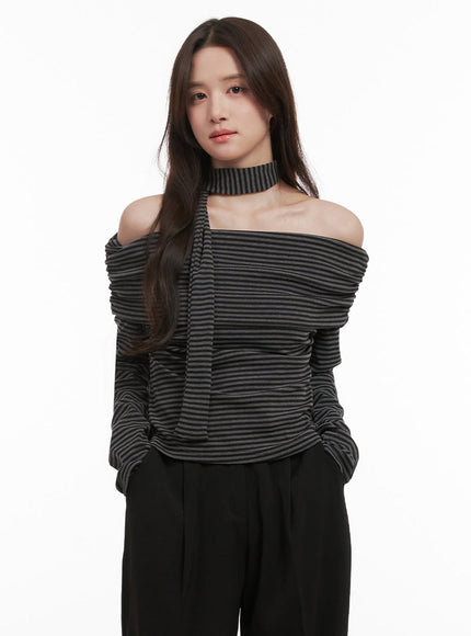 Striped Off-Shoulder Long-Sleeve Top IJ510