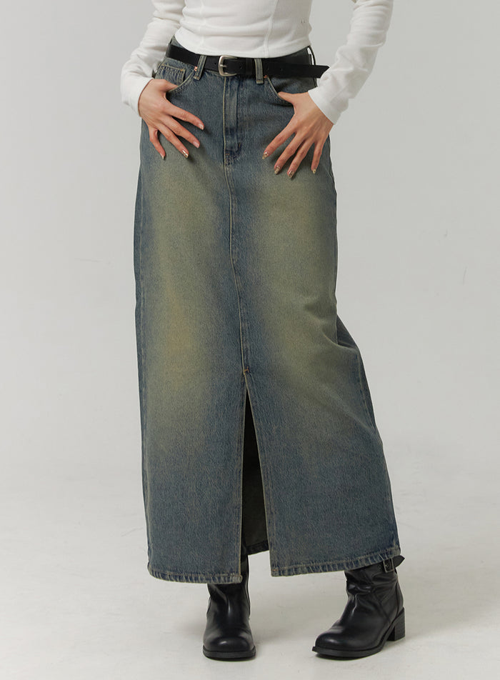 washed-denim-maxi-skirt-cj422 / Blue