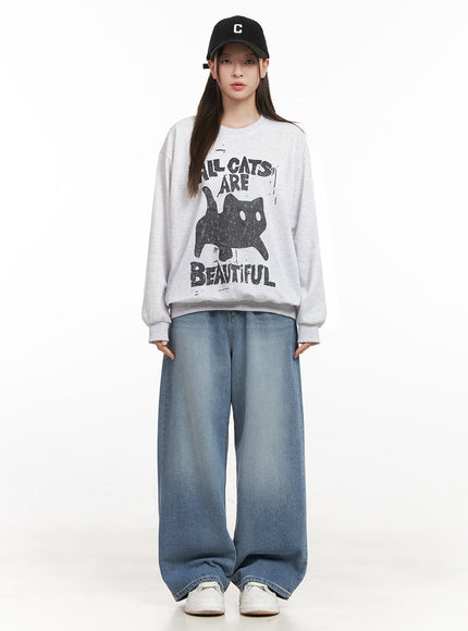 Oversized Cat Graphic Crew Neck IJ527