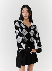 knit-fabric-collar-argyle-pattern-button-cardigan-cd322