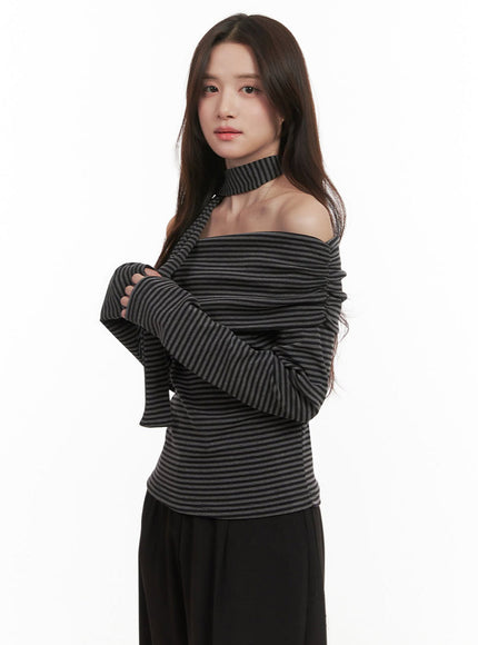 Striped Off-Shoulder Long-Sleeve Top IJ510