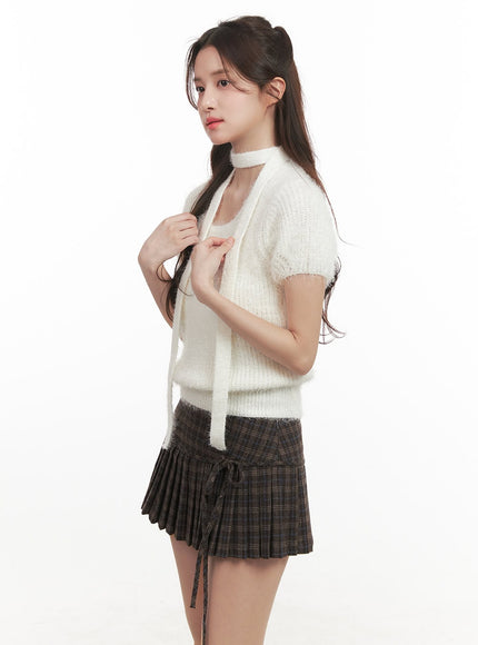 Cozy Knit Short-Sleeve Sweater with Scarf CJ514