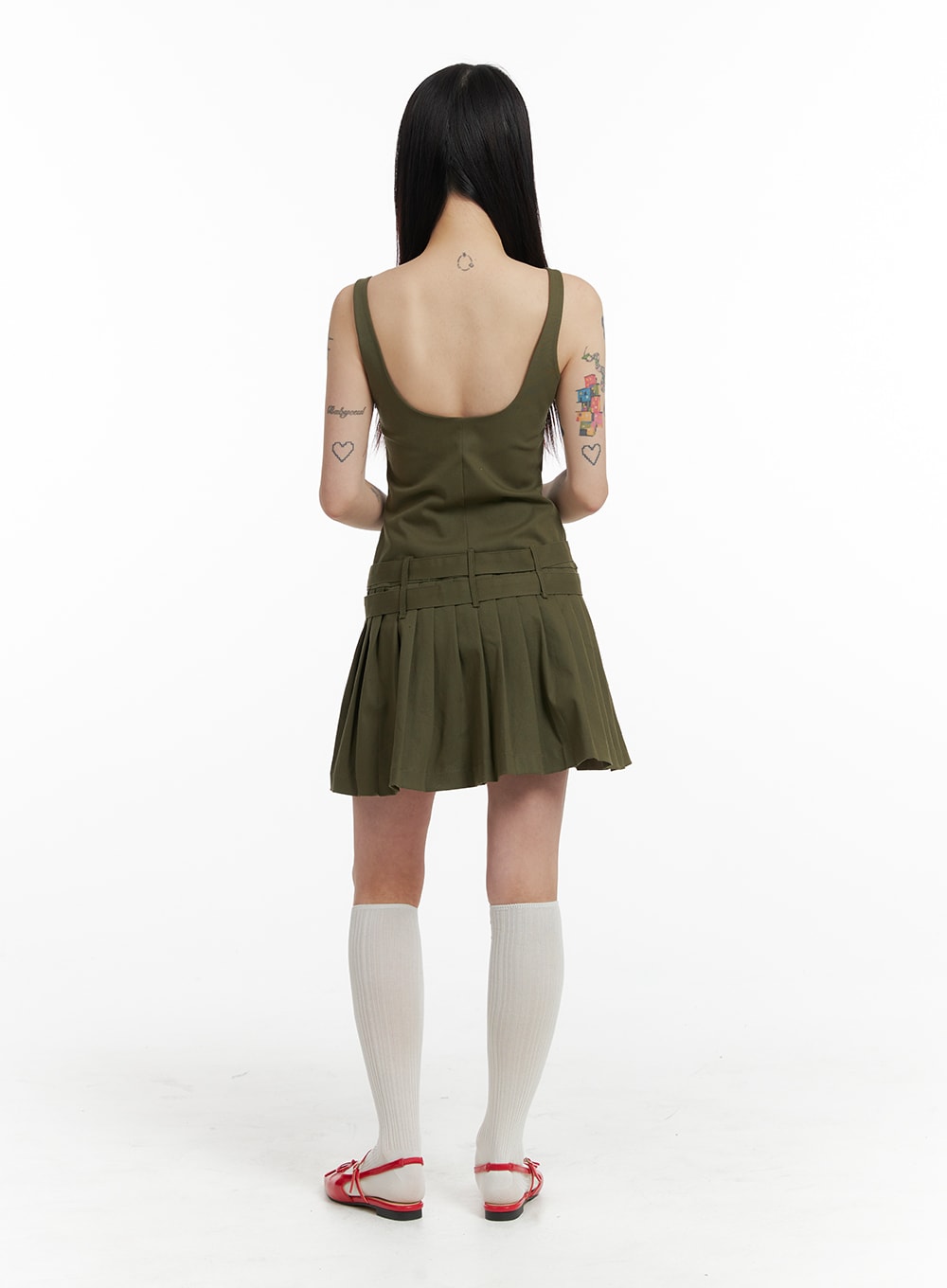 low-hem-buckle-pleated-strap-mini-dress-if423
