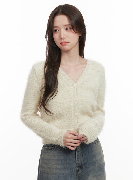 Fuzzy V-Neck Buttoned Crop Cardigan IJ510