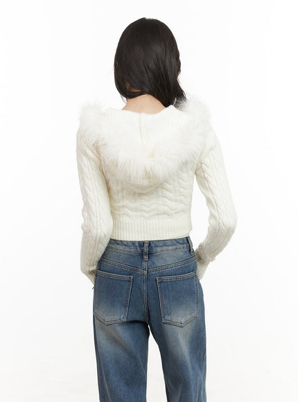 Fur-Hooded Zip-up Knit Crop Cardigan CJ502