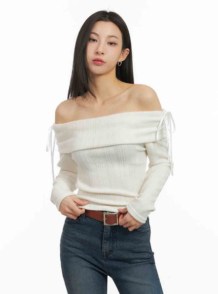 Off-Shoulder Slim-Fit Ribbon Sweater IJ503