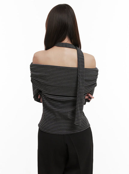 Striped Off-Shoulder Long-Sleeve Top IJ510