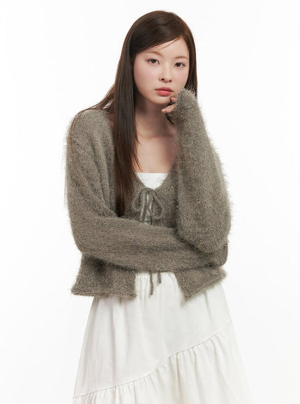 Fuzzy Ribbon Tie Cardigan IJ527