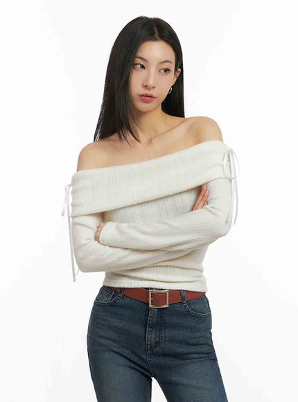 Off-Shoulder Slim-Fit Ribbon Sweater IJ503