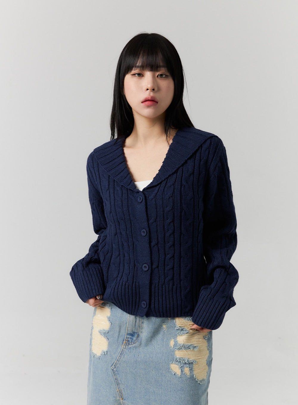 【argue】wool cable wide knit cardigan