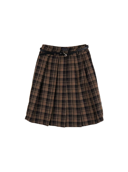 Checkered Pleated Midi Skirt IJ527