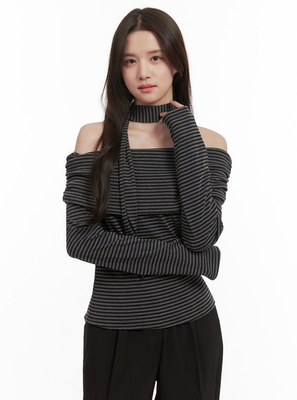 Striped Off-Shoulder Long-Sleeve Top IJ510