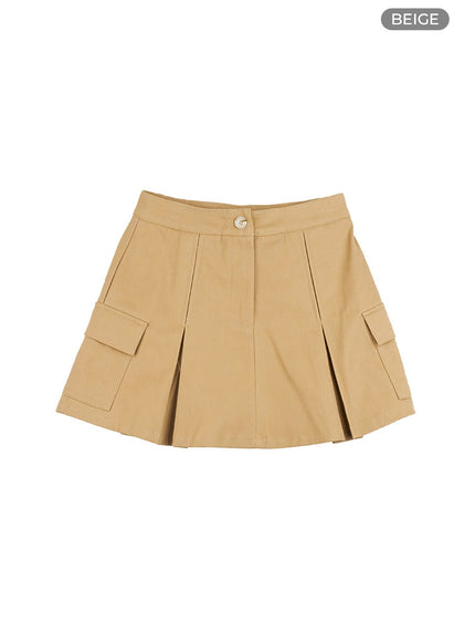 pocket-pleated-cargo-mini-skirt-is427 / Beige