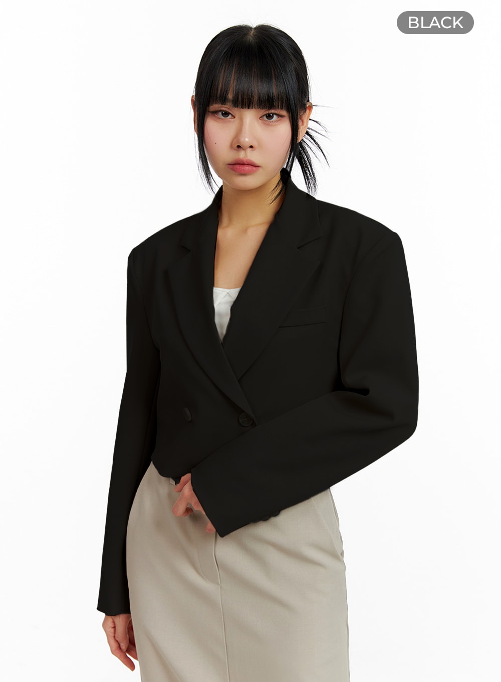 solid-collar-button-crop-jacket-im414 / Black
