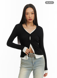 layered-buttoned-ribbed-cardigan-ia417 / Black