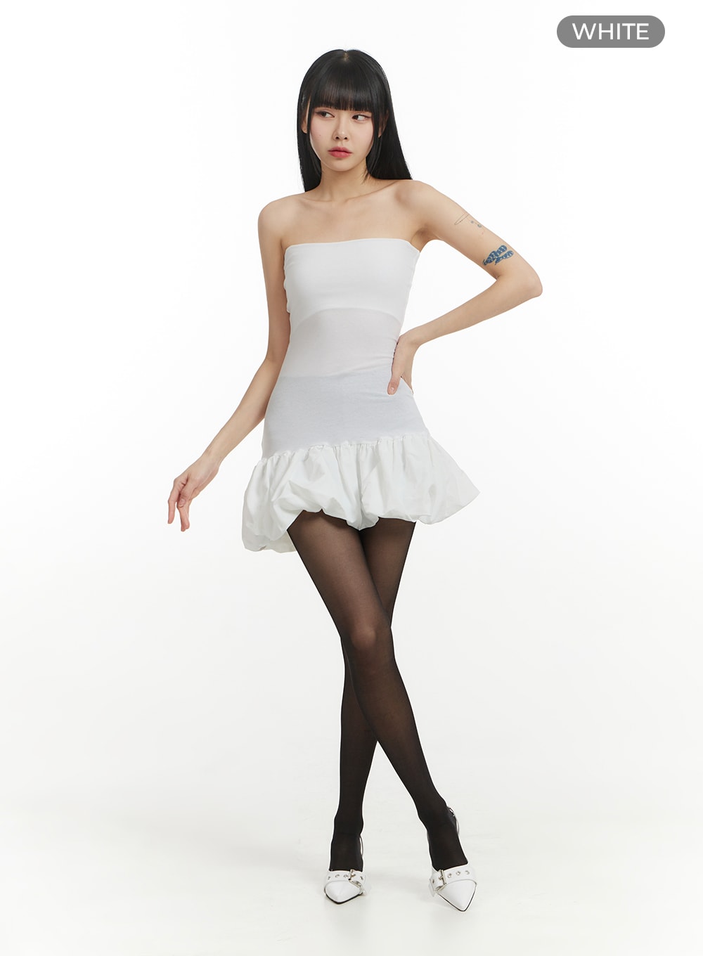 solid-strapless-ruffled-hem-mini-dress-im406 / White
