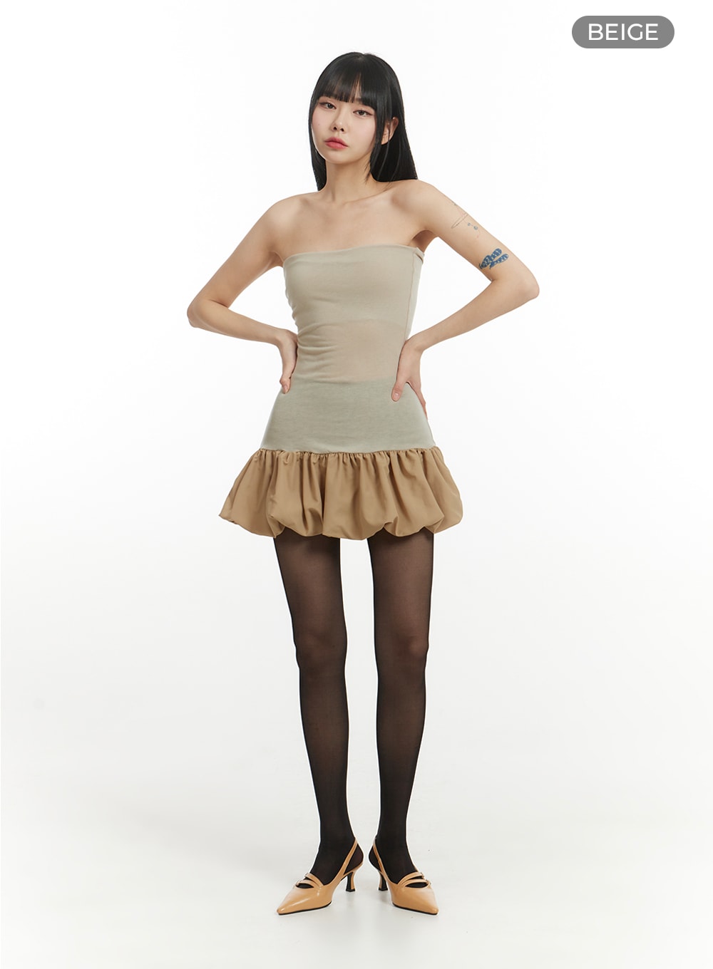 solid-strapless-ruffled-hem-mini-dress-im406 / Beige