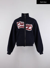 oversized-chicago-graphic-zipper-fleece-jacket-id315 / Dark blue