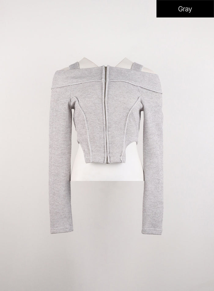 zip-cut-out-off-shoulder-crop-sweater-id306 / Gray